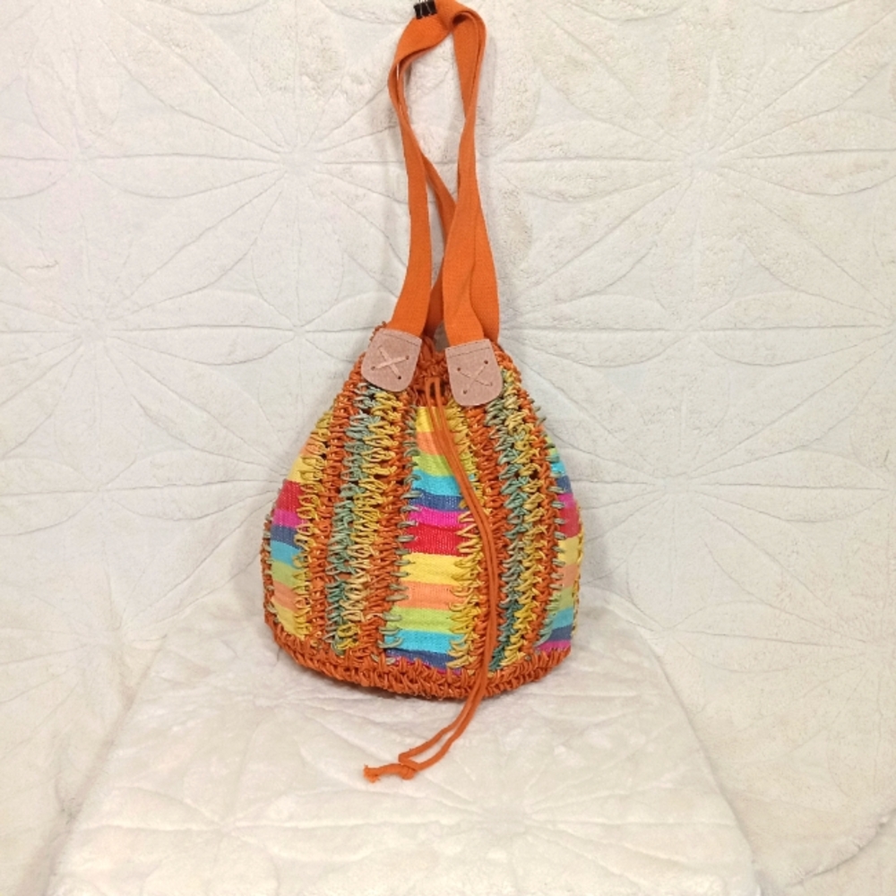 Colorful Woven Wicker and Canvas Bucket Bag with Orange Straps Draw string close